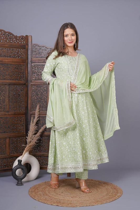 Pista Green Mirror embroidered Anarkali Kurta Set