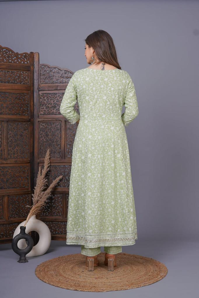 Pista Green Mirror embroidered Anarkali Kurta Set