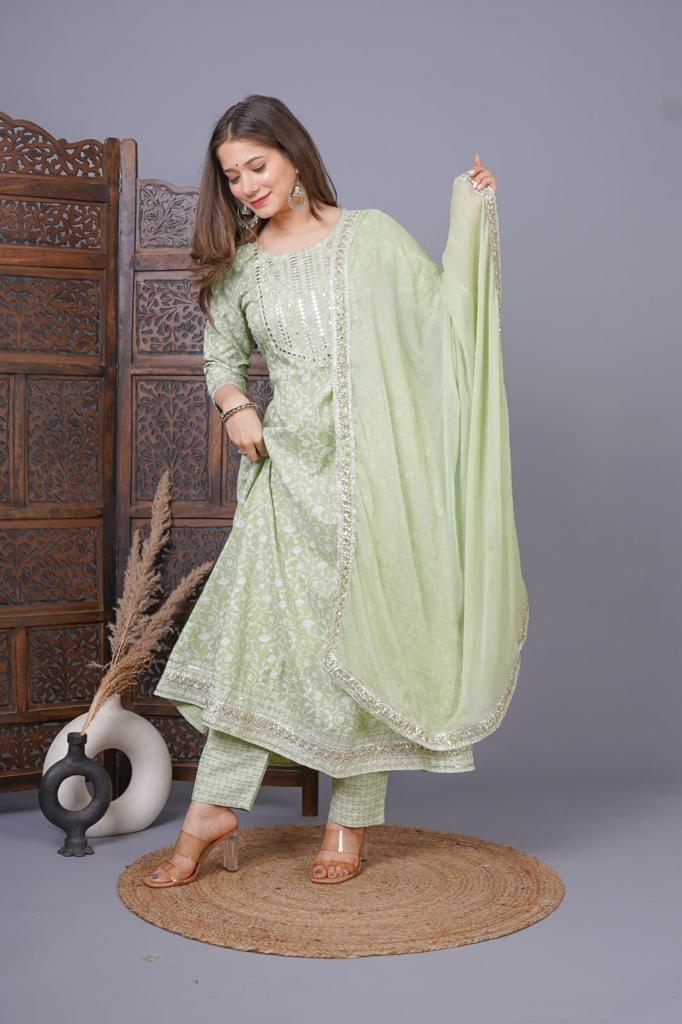 Pista Green Mirror embroidered Anarkali Kurta Set