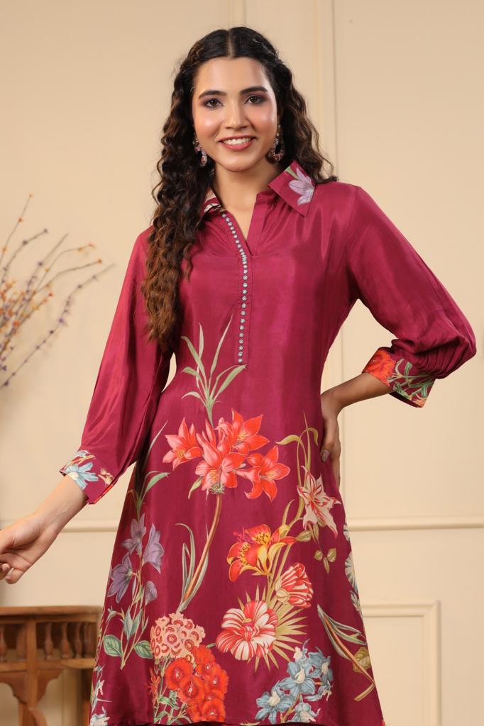 Floral Print Red Kurta Pants