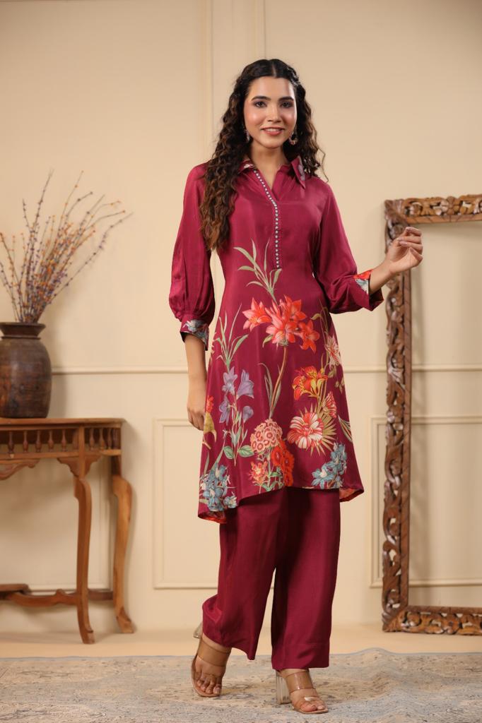 Floral Print Red Kurta Pants