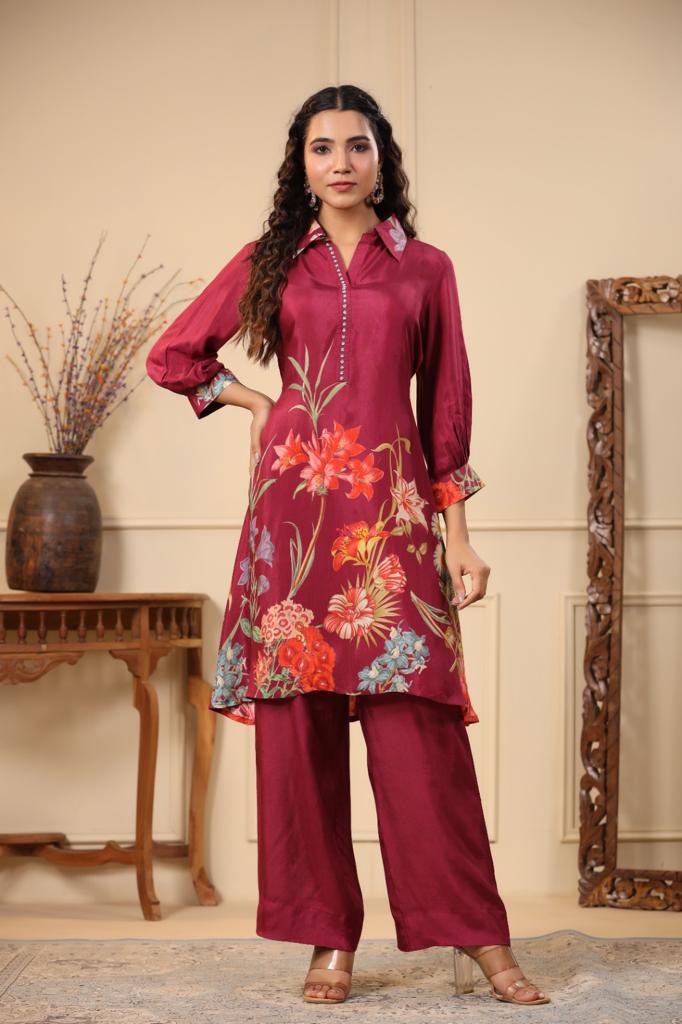 Floral Print Red Kurta Pants