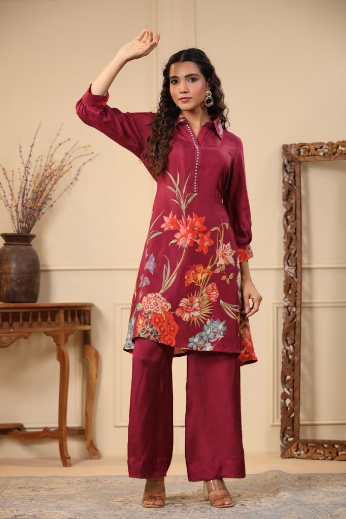 Floral Print Red Kurta Pants