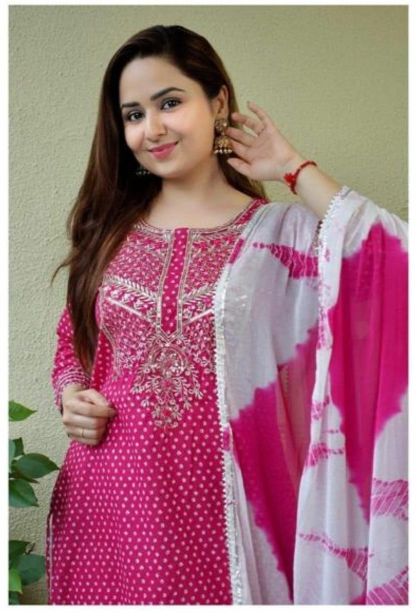 Pink Bandhani Mirror Work Kurta Set