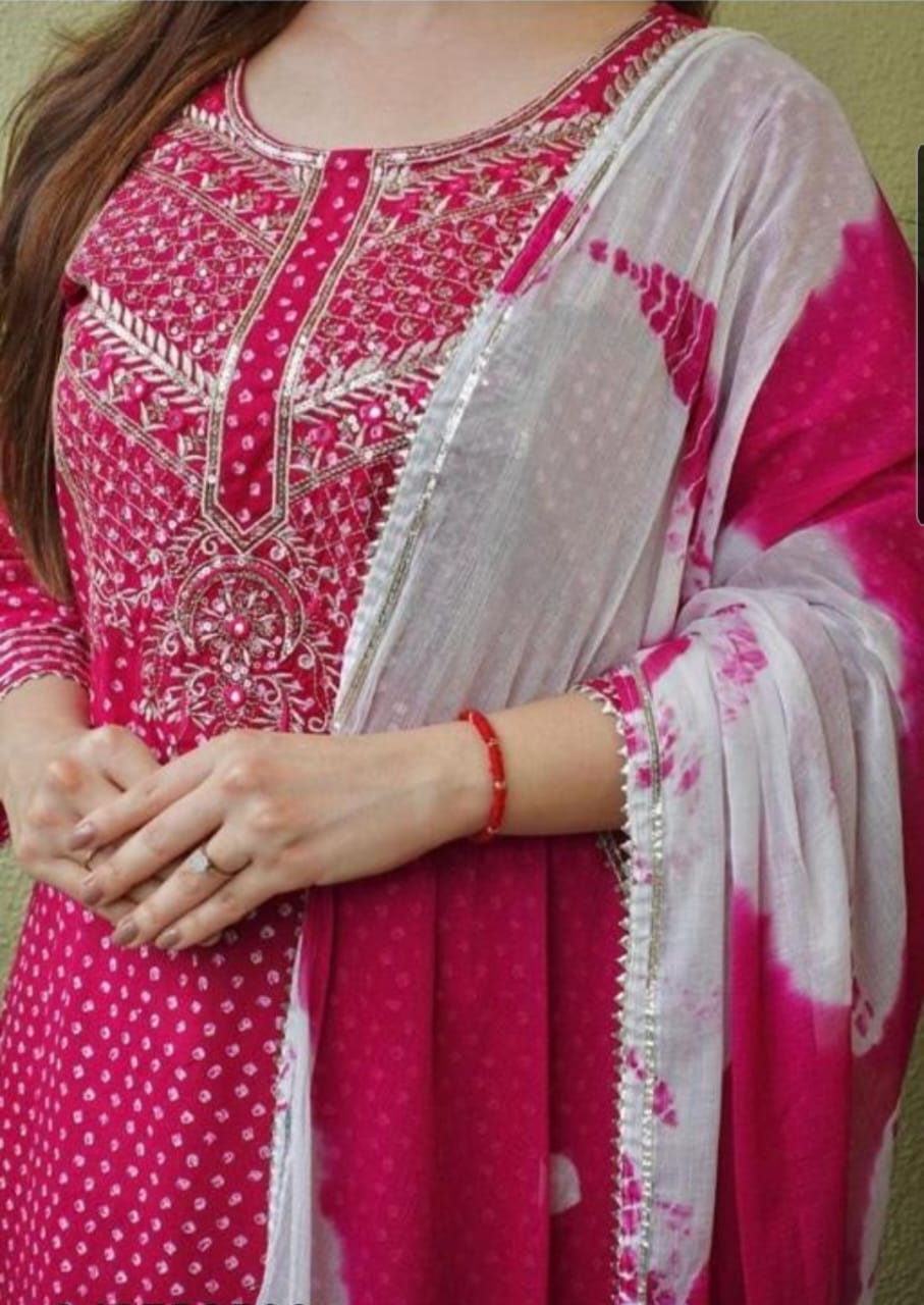 Pink Bandhani Mirror Work Kurta Set