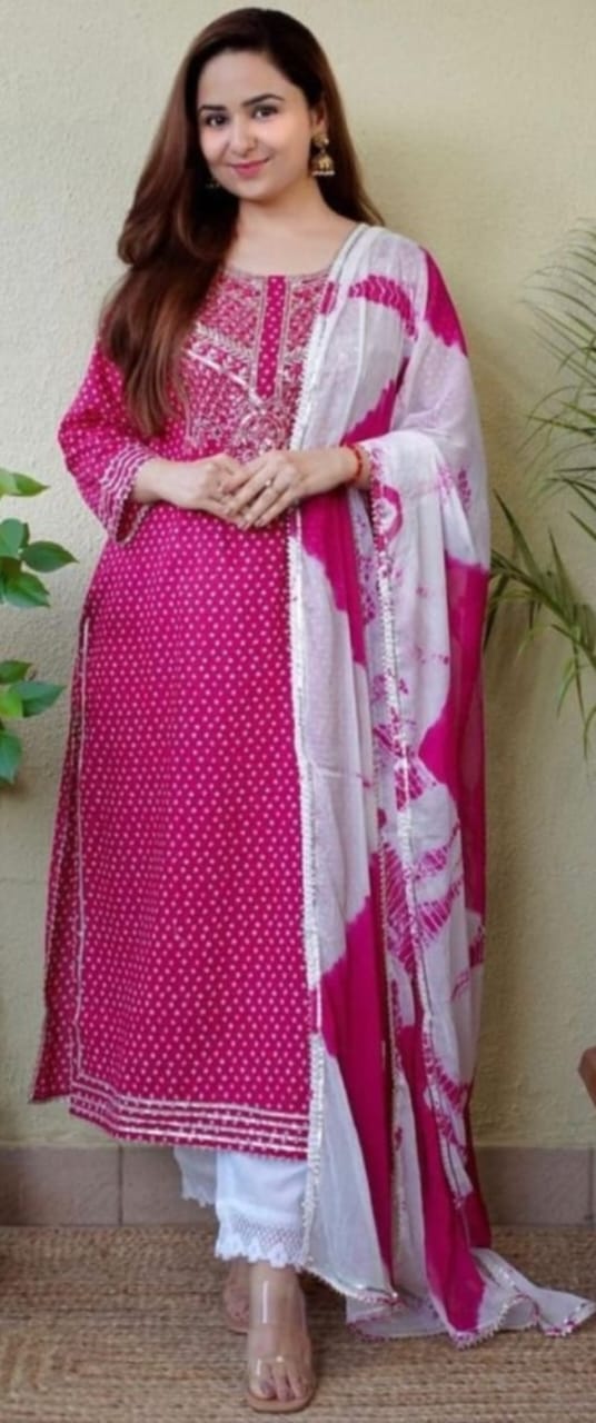 Pink Bandhani Mirror Work Kurta Set