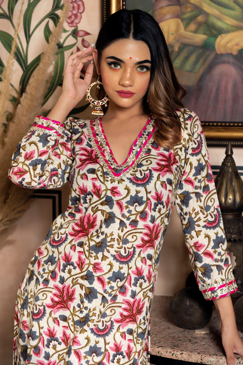 Floral Elegance Beige Kurta Set