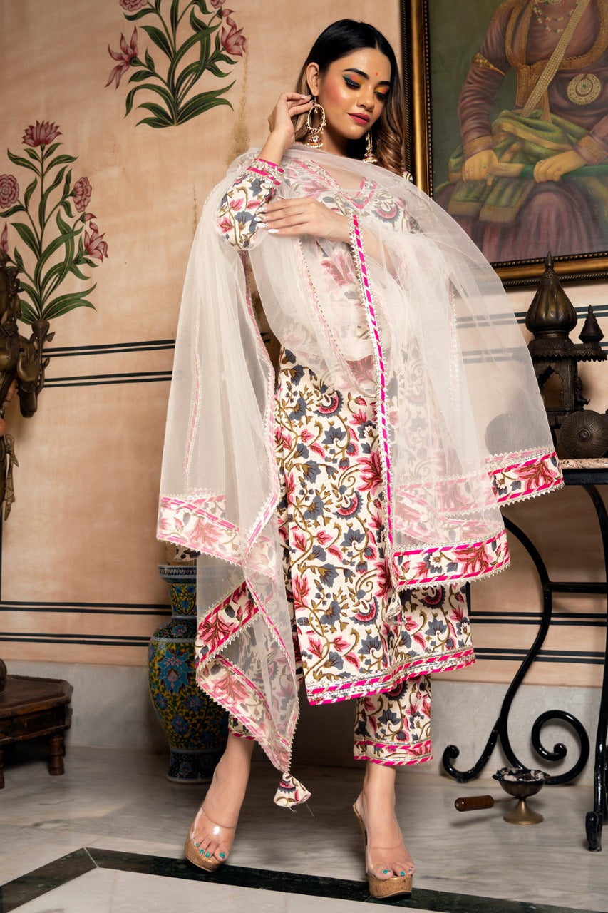 Floral Elegance Beige Kurta Set