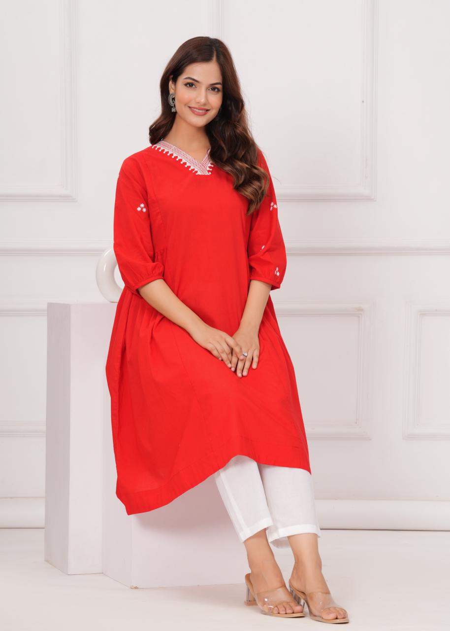 Red Embroidered A-line 2 piece Kurti Set