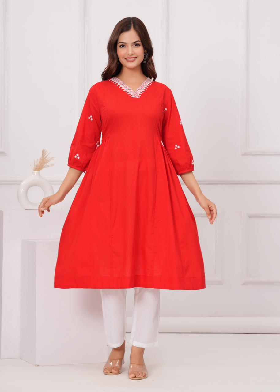 Red Embroidered A-line 2 piece Kurti Set