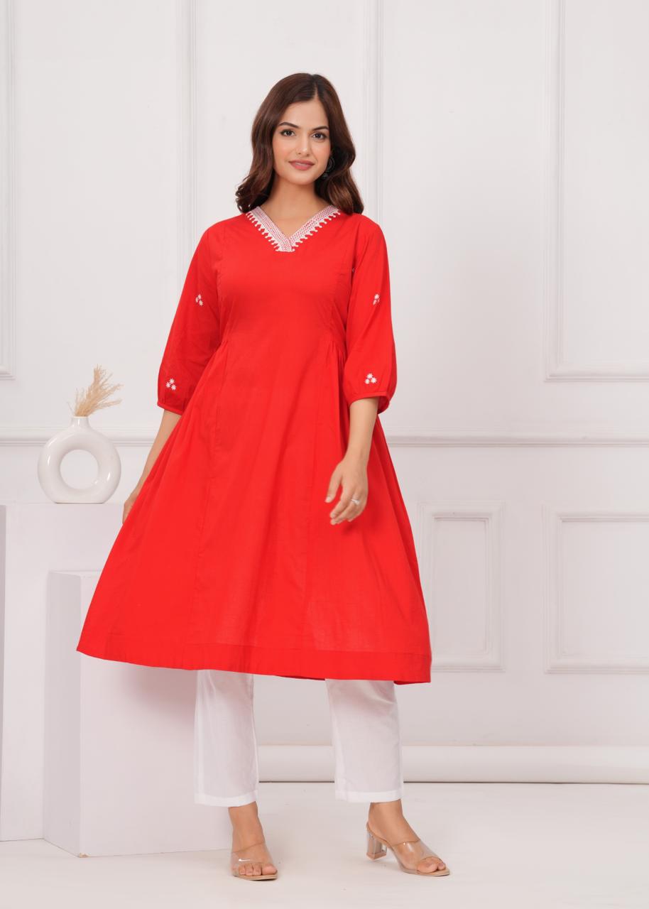 Red Embroidered A-line 2 piece Kurti Set