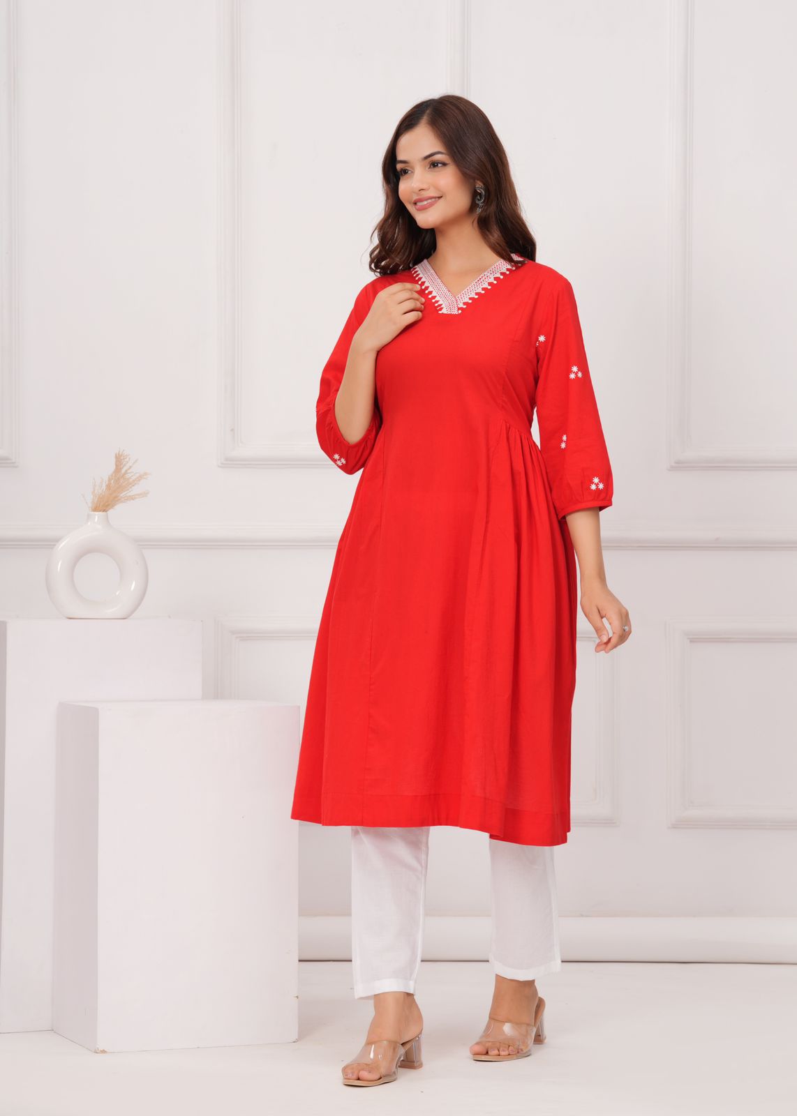 Red Embroidered A-line 2 piece Kurti Set