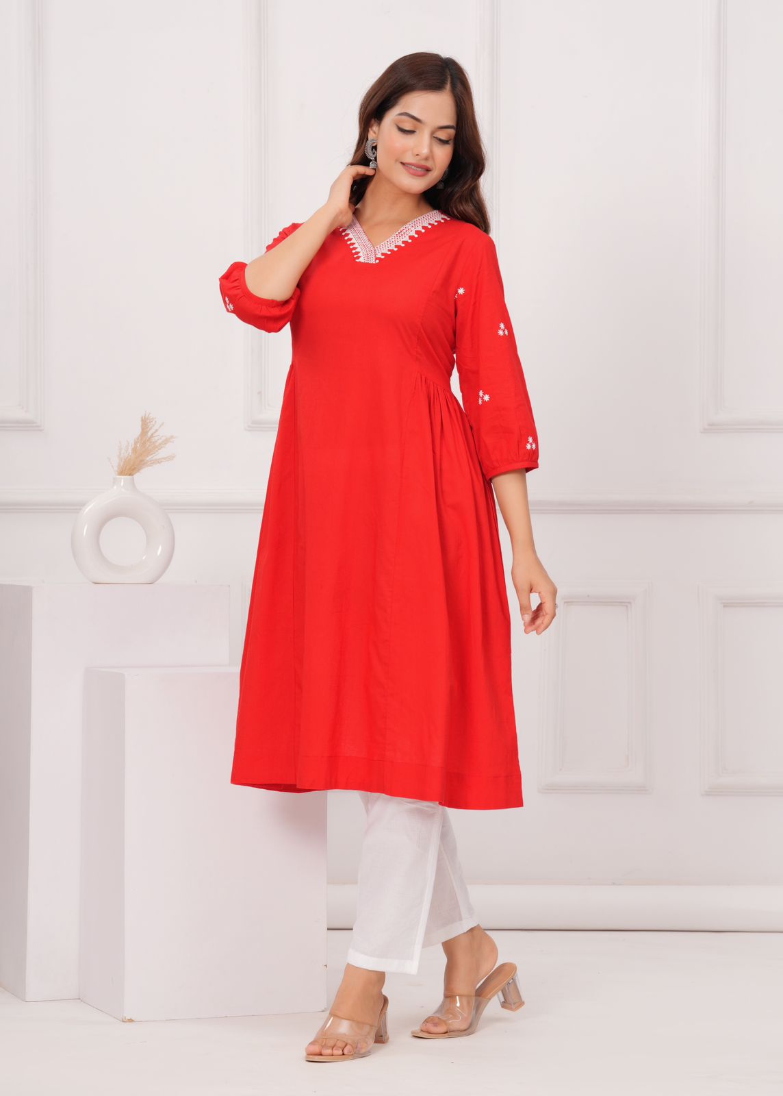 Red Embroidered A-line 2 piece Kurti Set