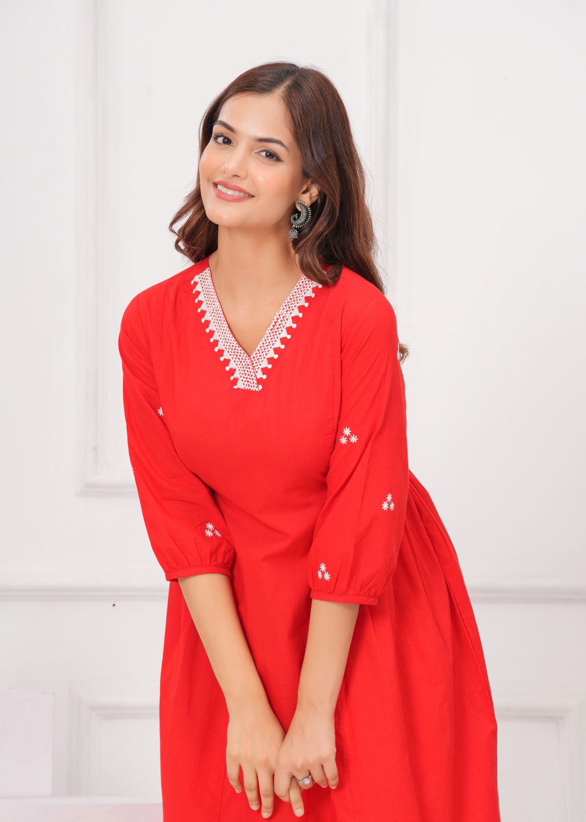 Red Embroidered A-line 2 piece Kurti Set